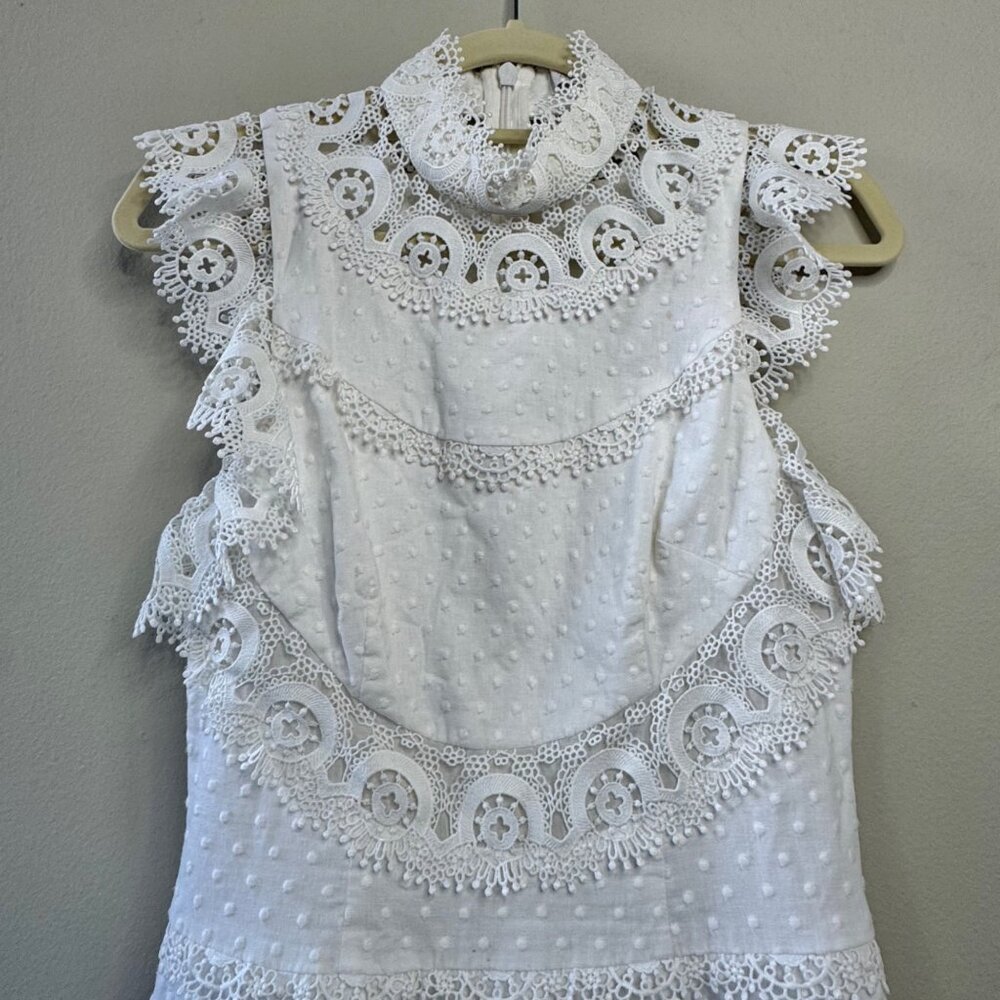 ZIMMERMANN Peggy Embroidered Trim Short Dress Womens 6 White Linen Blend Lace - Picture 3 of 13